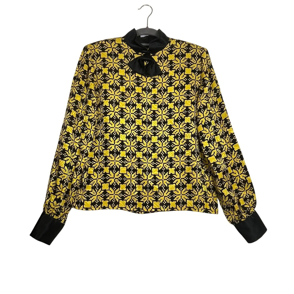VTG Carlisle Size 4 Silk Bow Neck Yellow Blouse Hong Kong Pixelated Mosaic Print